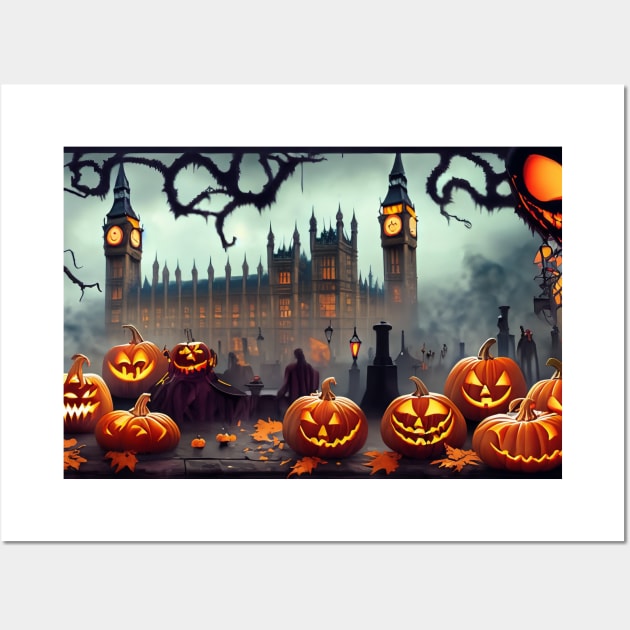 A group of pumpkins with faces carved into them sitting in front of a castle Wall Art by Tee Trendz